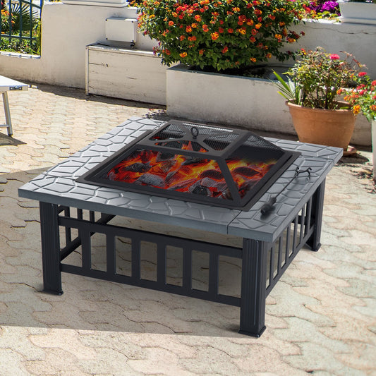Outsunny 32Inch Square Fire Fit Outdoor Steel Firepit Backyard Patio