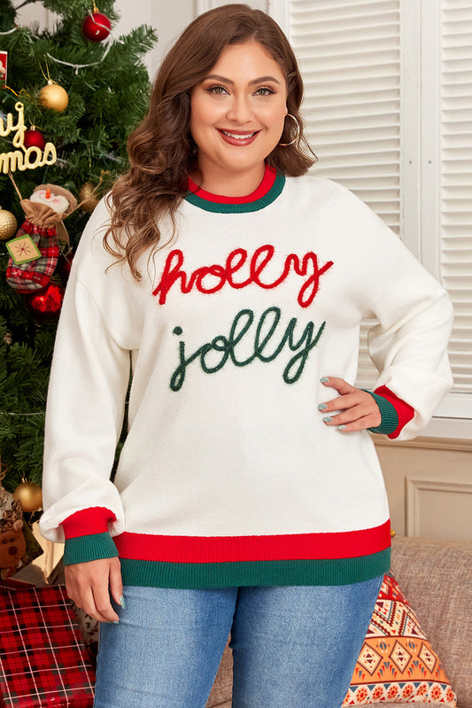 Plus Size Christmas Holly Jolly Colorblock Edge Sweater