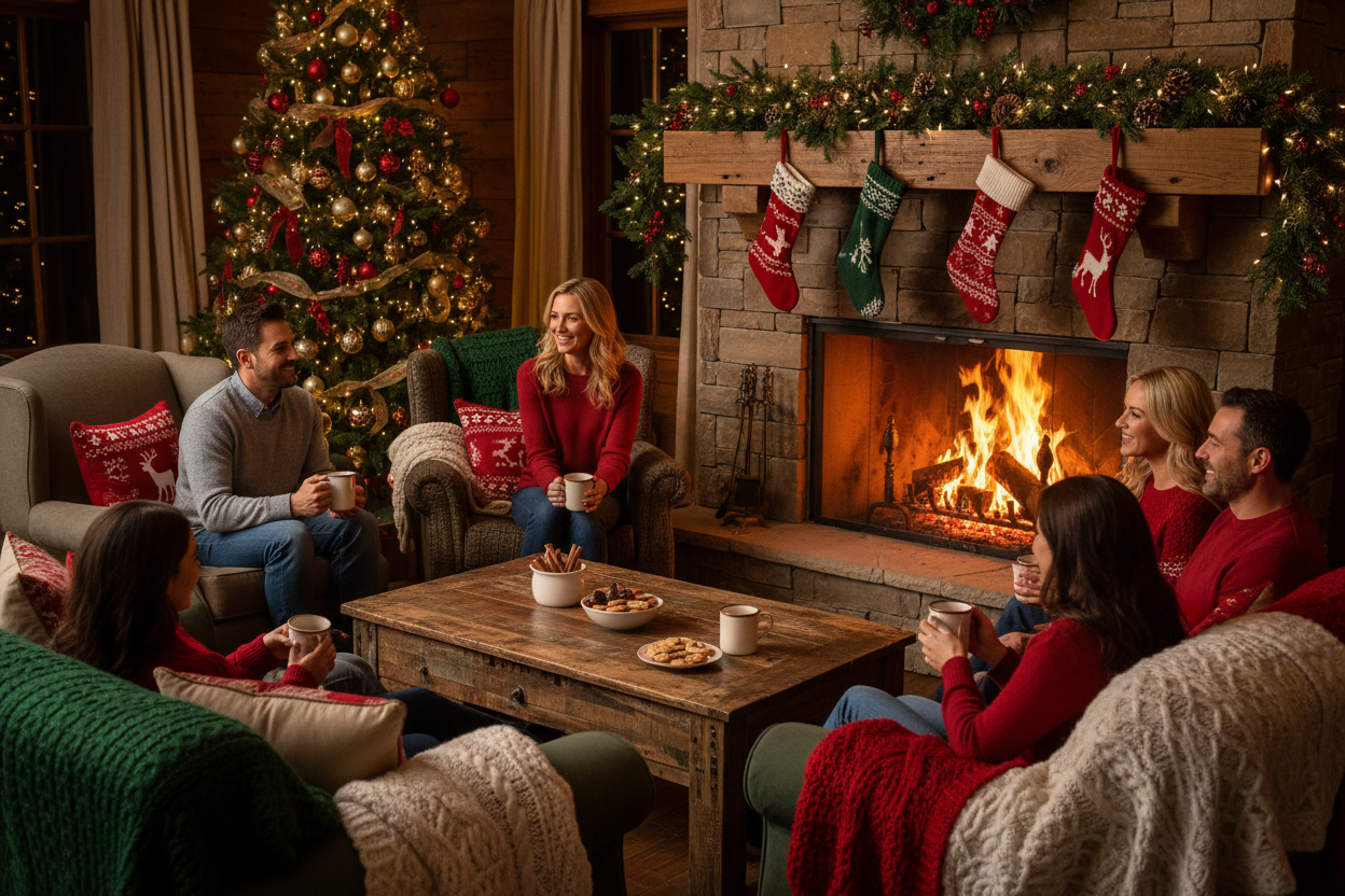 Christmas cozy gathering around the firplace