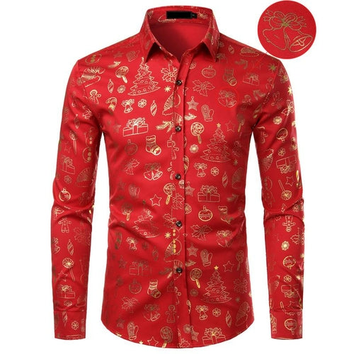 Christmas Shirt Male Funny Xmas Gift Gold Print Mens Dress Shirts