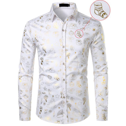 Christmas Shirt Male Funny Xmas Gift Gold Print Mens Dress Shirts