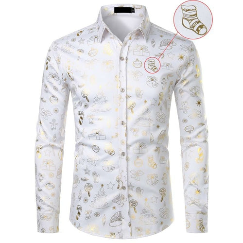 Christmas Shirt Male Funny Xmas Gift Gold Print Mens Dress Shirts