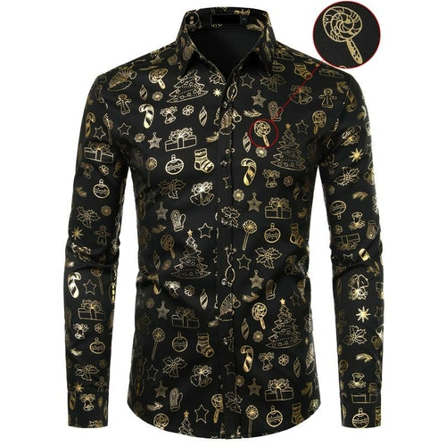 Christmas Shirt Male Funny Xmas Gift Gold Print Mens Dress Shirts