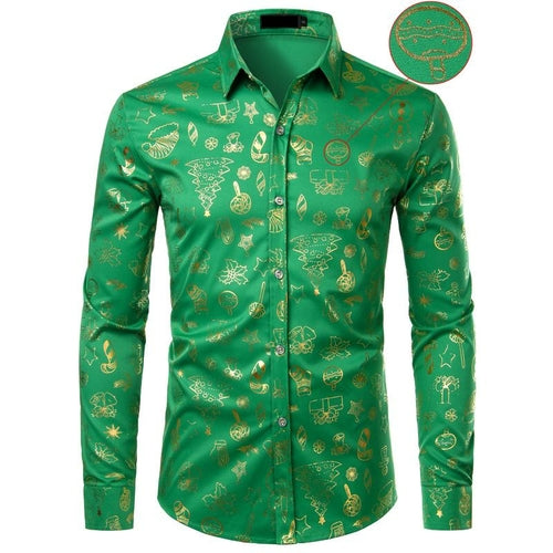 Christmas Shirt Male Funny Xmas Gift Gold Print Mens Dress Shirts